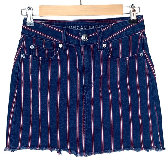 American Eagle Women’s High Rise Mini Striped Raw Hem Stretch Denim Skirt Size 0 - Picture 11 of 12
